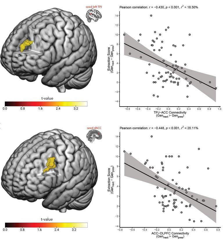 Two brains and two scatterplots visualize two of the main findings of the fMRI study: the stronger the functional connectivity in the self-control system (ACC/DLPFC) during decision-making, the more individuals behaved intergenerationally sustainably.