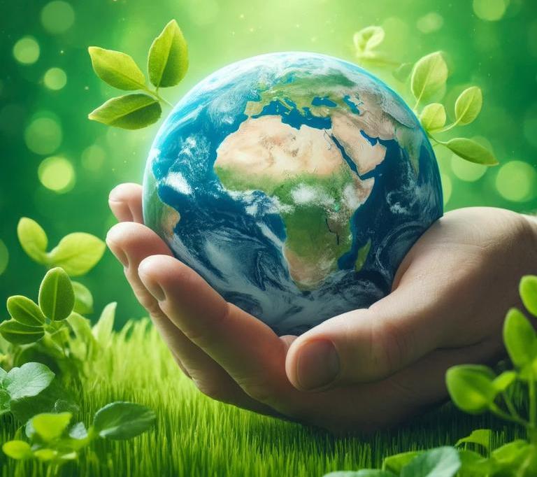 Shown is a human hand holding our blue planet.